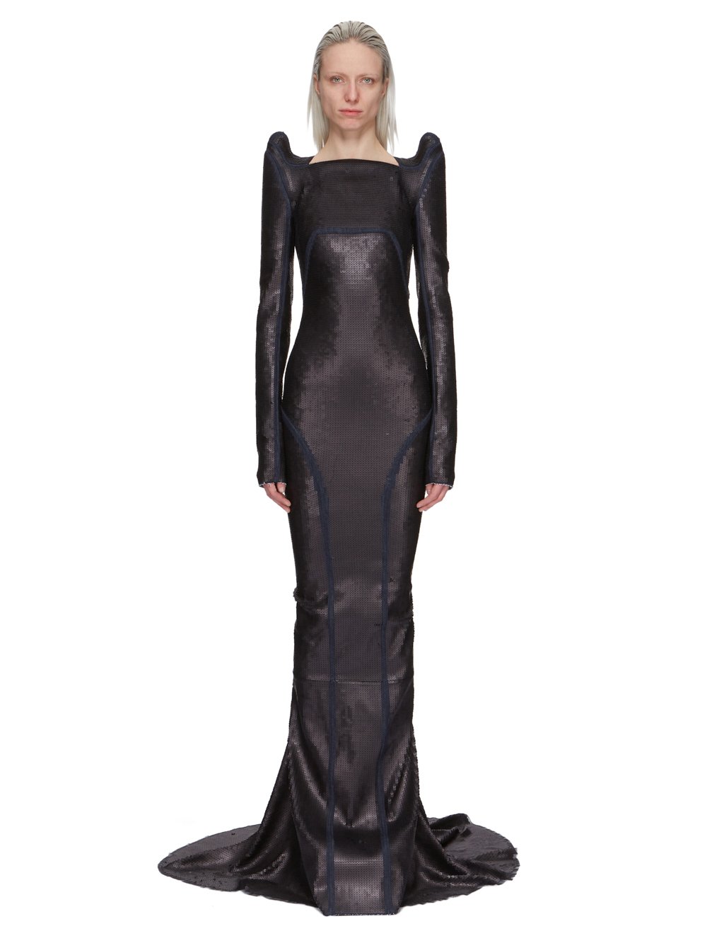 RICK OWENS FW23 LUXOR RUNWAY TEC GOWN IN BLUE AND BLACK SEQUIN EMBROIDERED STRETCH DENIM