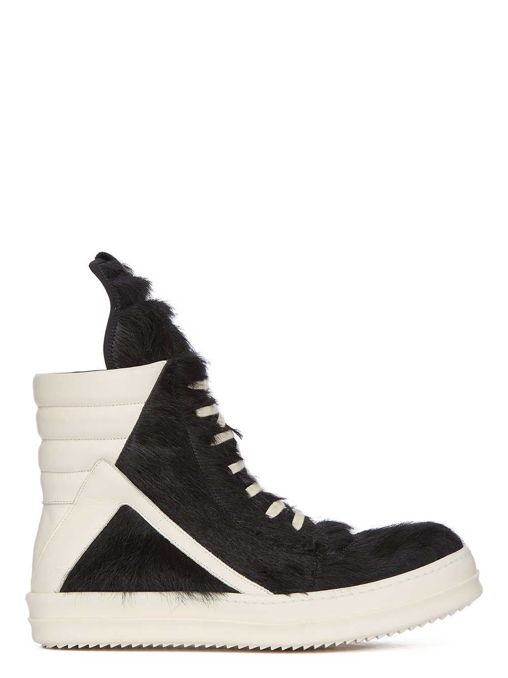 RICK OWENS FW23 LUXOR GEOBASKET IN BLACK AND MILK LONG HAIR PONY AND FULL GRAIN CALF LEATHER 