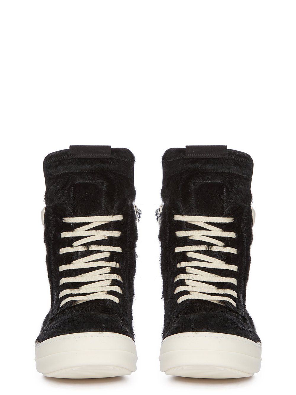 RICK OWENS FW23 LUXOR GEOBASKET IN BLACK AND MILK LONG HAIR PONY AND FULL GRAIN CALF LEATHER 