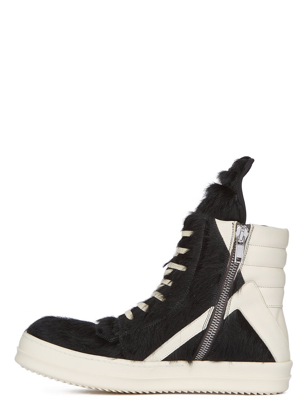 RICK OWENS FW23 LUXOR GEOBASKET IN BLACK AND MILK LONG HAIR PONY AND FULL GRAIN CALF LEATHER 