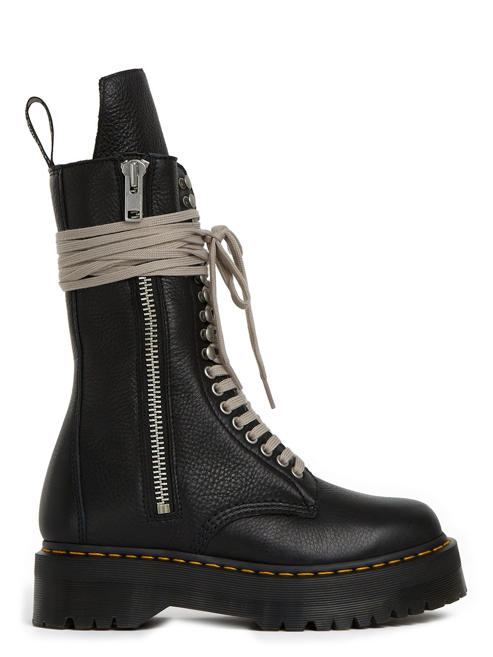 DR. MARTENS x RICK OWENS FW22 STROBE CALF LENGTH BOOT IN  BLACK MATTE GRAINY COW LEATHER. 