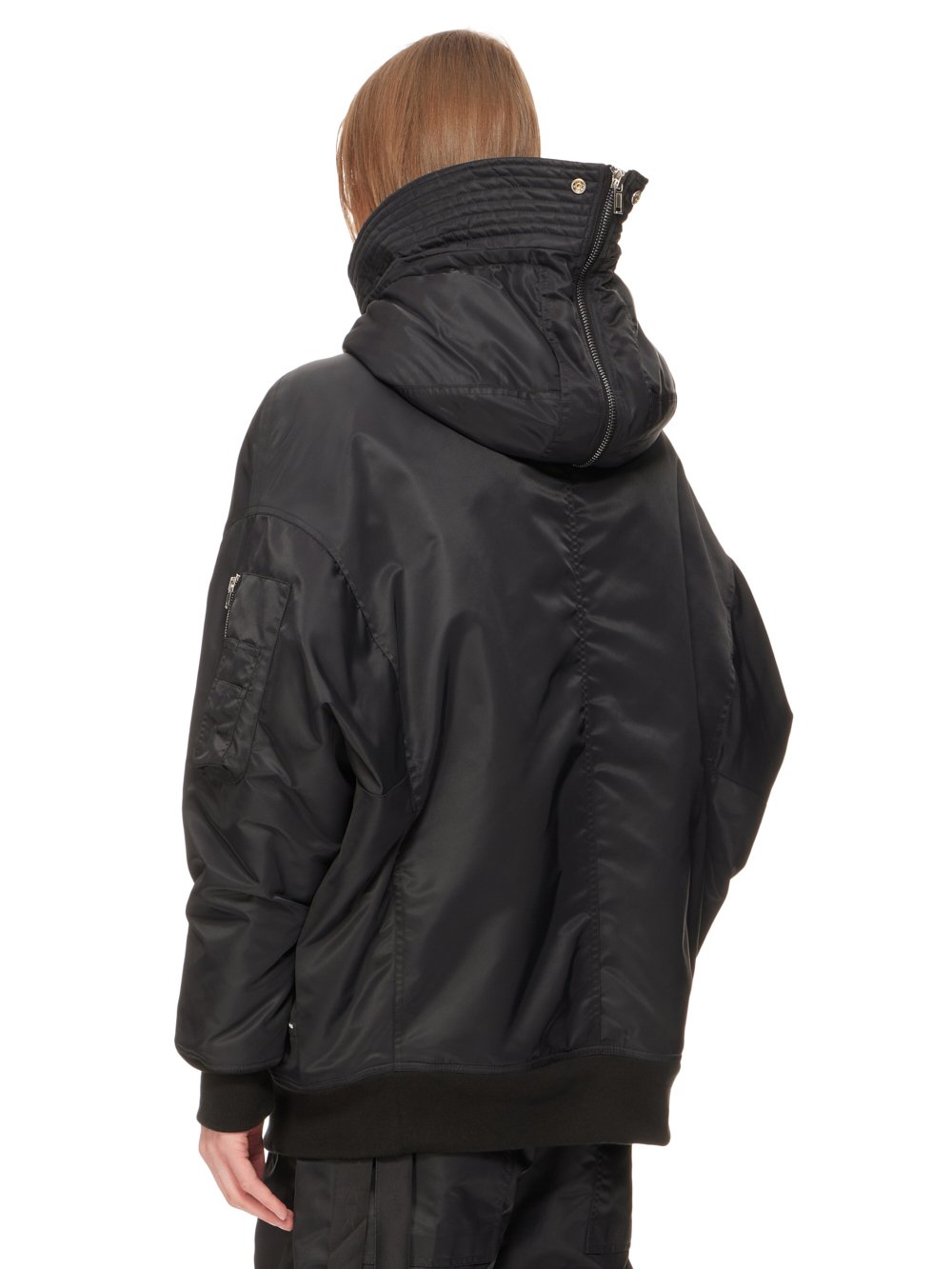DRKSHDW FW23 LUXOR HOODED BOMBER IN BLACK AND MAUVE RECYCLED BOMBER