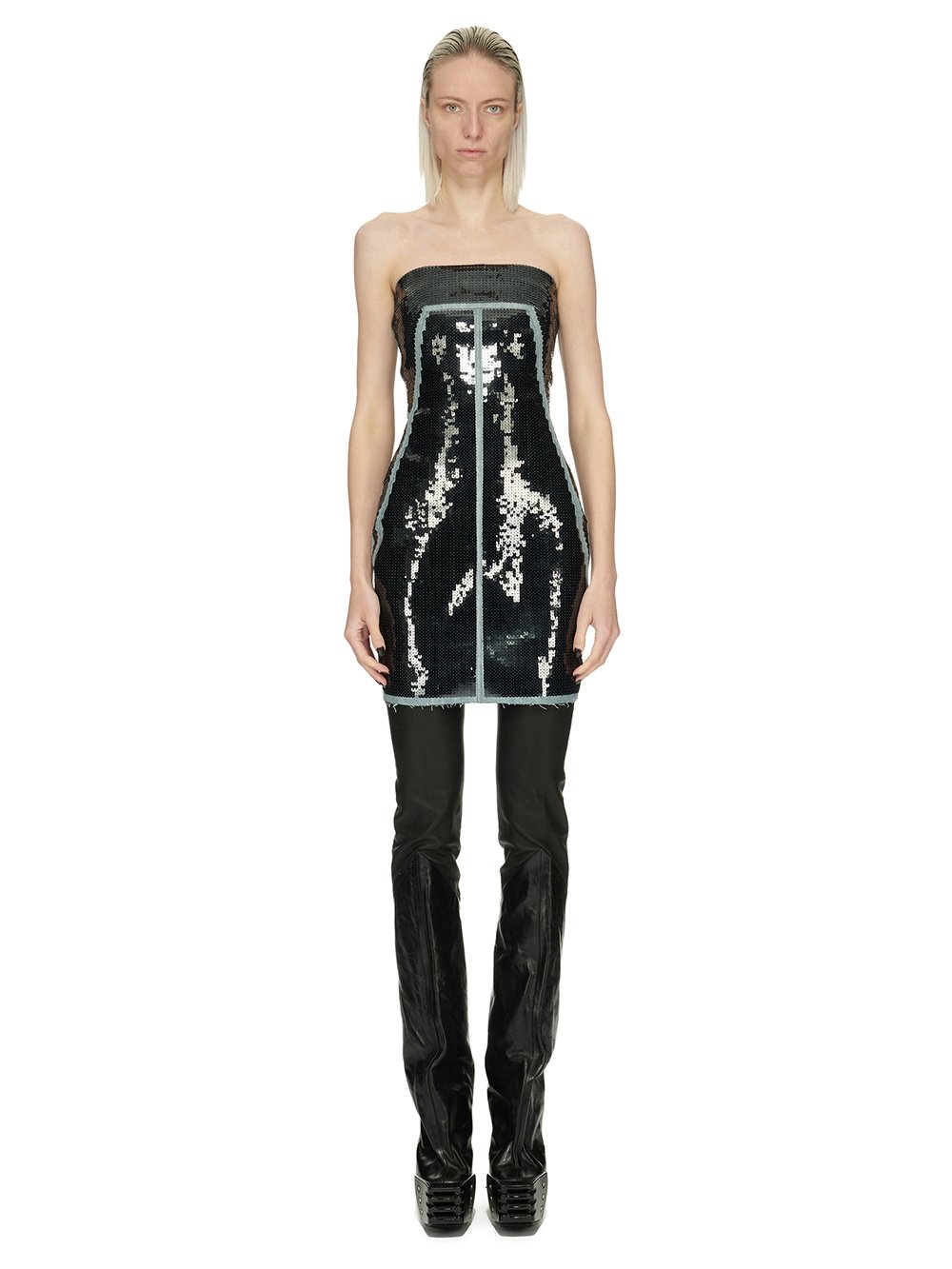 RICK OWENS FW23 LUXOR BUSTIER DRESS IN BLUE AND BLACK SEQUIN EMBROIDERED STRETCH DENIM 
