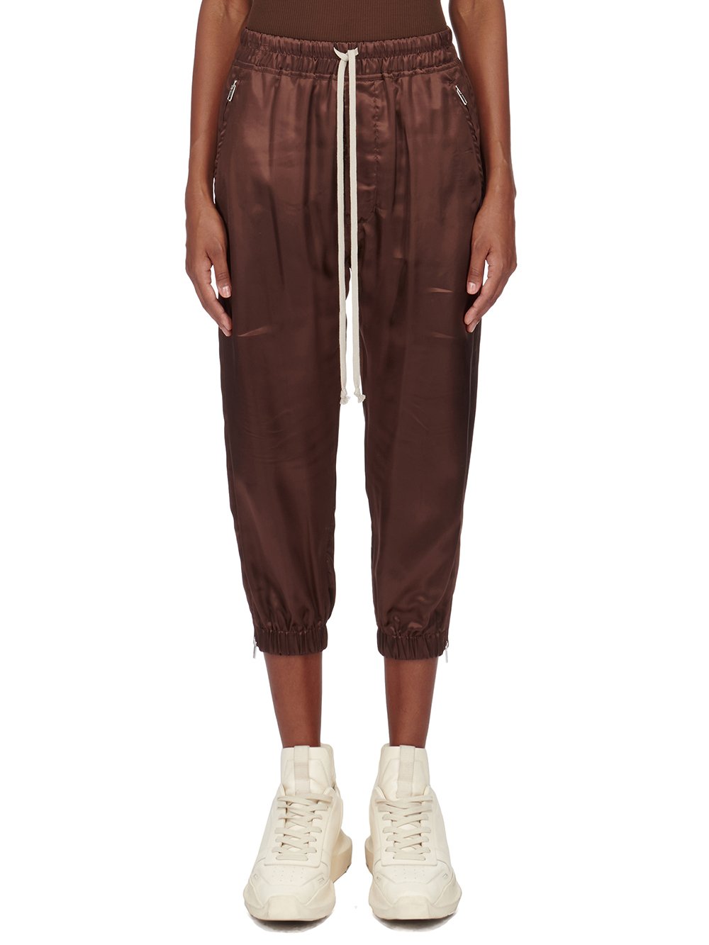 RICK OWENS FW23 LUXOR CROPPED TRACK IN BROWN CUPRO SATIN