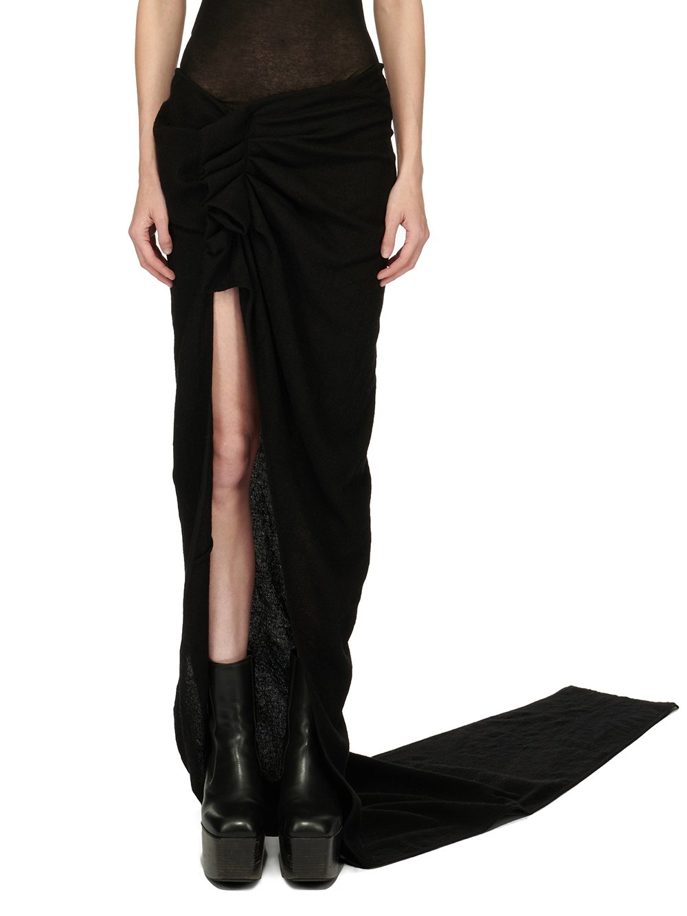 RICK OWENS FW23 LUXOR WOVEN EDFU SKIRT IN BLACK SOFT WOOL FLANNEL