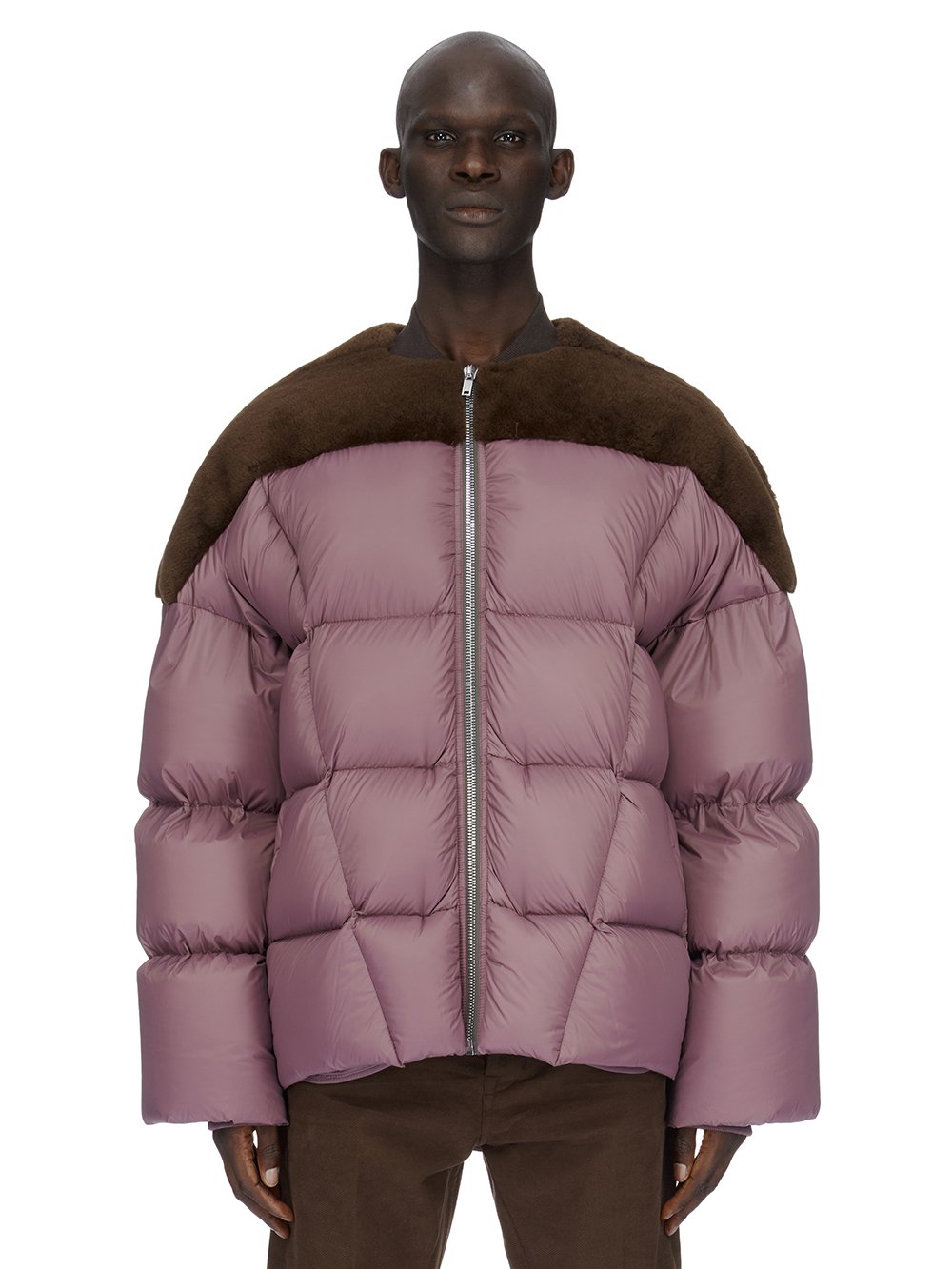RICK OWENS FW23 LUXOR FLIGHT JKT IN BROWN AND AMETHYST BUTTER LAMB SHEARLING AND RECYCLED NYLON