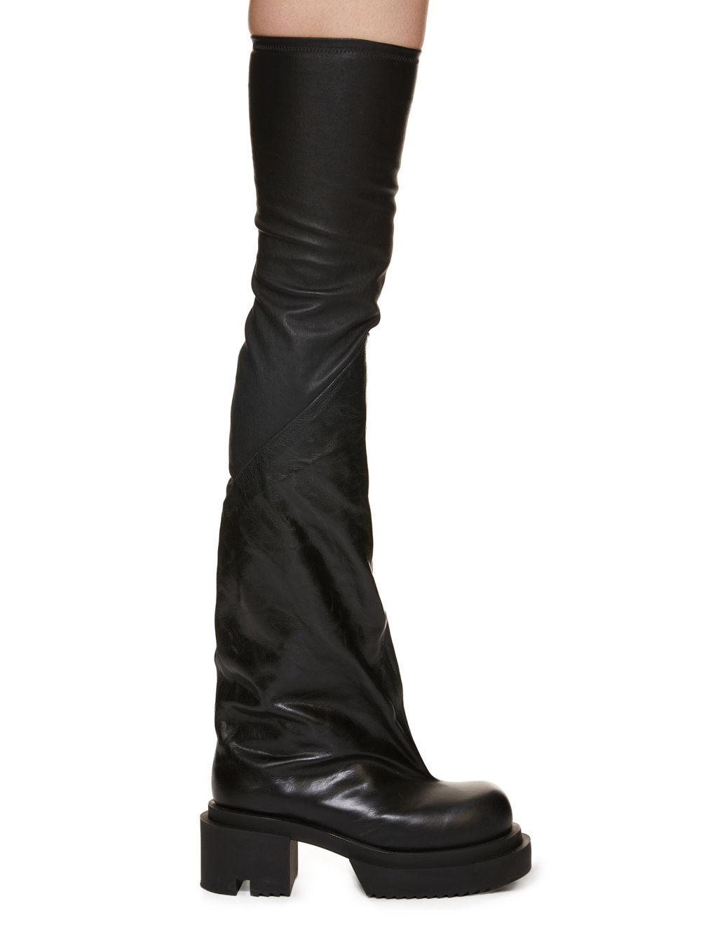 RICK OWENS FW23 LUXOR FLARED BOGUN IN BLACK STRETCH LAMB LEATHER AND GLASLUX, GLOSSY CALF LEATHER RICK OWENS FW23 LUXOR FLARED BOGUN IN BLACK STRETCH LAMB LEATHER AND GLASLUX, GLOSSY CALF LEATHER