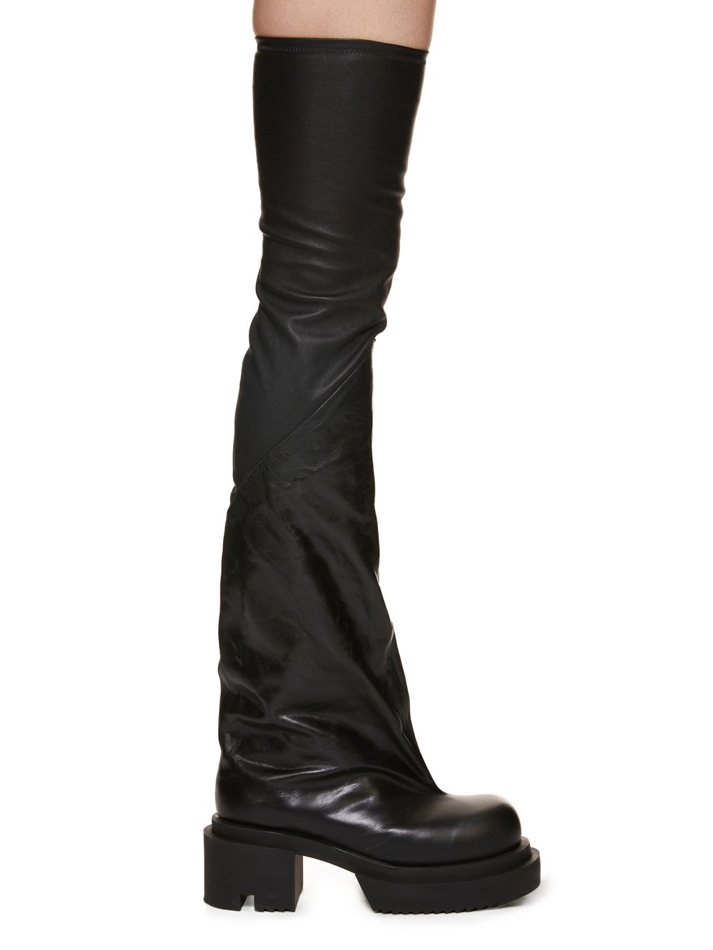 RICK OWENS FW23 LUXOR FLARED BOGUN IN BLACK STRETCH LAMB LEATHER AND GLASLUX, GLOSSY CALF LEATHER