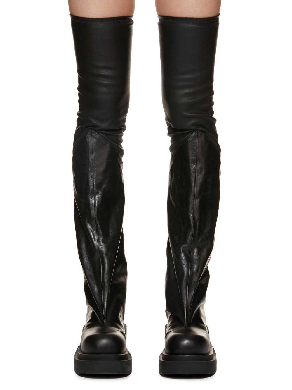 RICK OWENS FW23 LUXOR FLARED BOGUN IN BLACK STRETCH LAMB LEATHER AND GLASLUX, GLOSSY CALF LEATHER