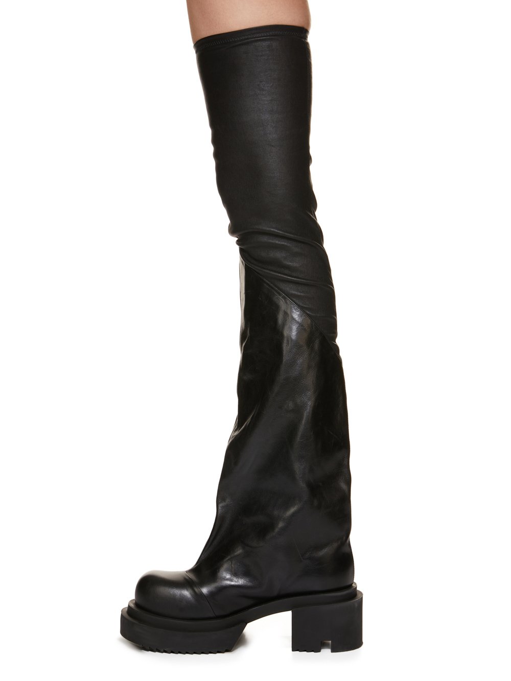 RICK OWENS FW23 LUXOR FLARED BOGUN IN BLACK STRETCH LAMB LEATHER AND GLASLUX, GLOSSY CALF LEATHER