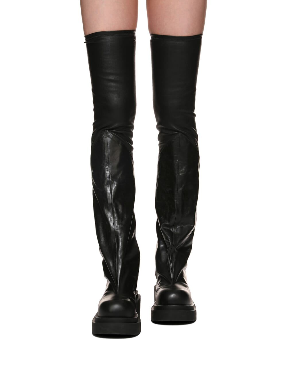 RICK OWENS FW23 LUXOR FLARED BOGUN IN BLACK STRETCH LAMB LEATHER AND GLASLUX, GLOSSY CALF LEATHER