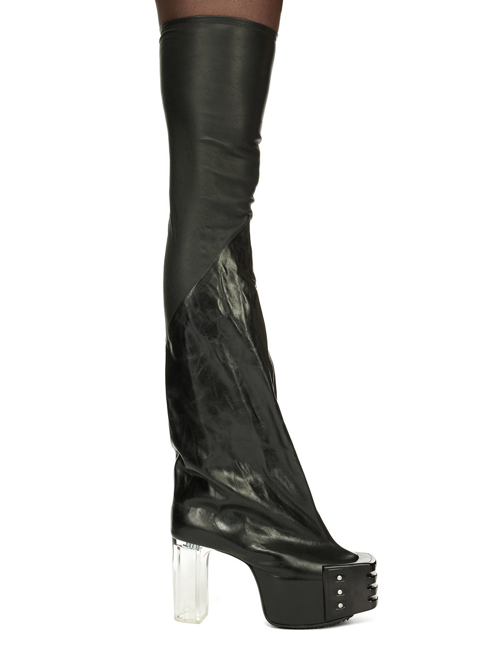 RICK OWENS FW23 LUXOR FLARED PLATFORMS 45 IN BLACK STRETCH LAMB LEATHER AND GLASLUX, GLOSSY CALF LEATHER RICK OWENS FW23 LUXOR FLARED PLATFORMS 45 IN BLACK STRETCH LAMB LEATHER AND GLASLUX, GLOSSY CALF LEATHER