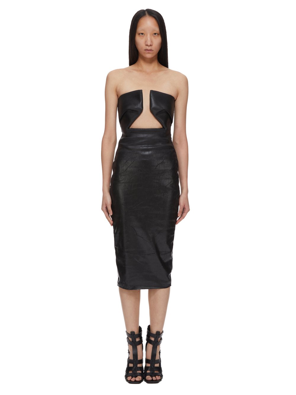 RICK OWENS FW23 LUXOR PRONG DRESS IN CRACKED STRETCH DENIM