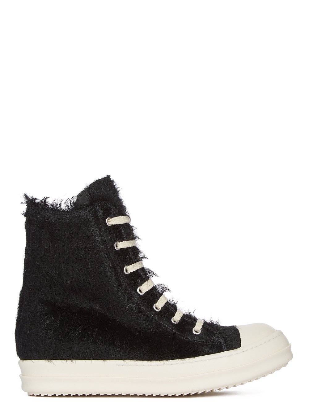 RICK OWENS FW23 LUXOR SNEAKERS IN BLACK AND MILK LONG HAIR PONY