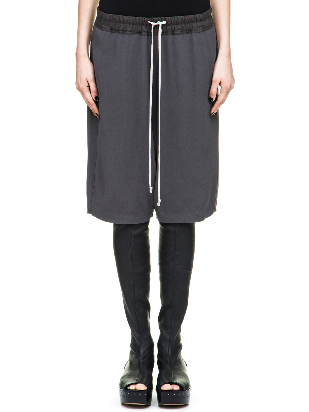 RICK OWENS FOREVER PODS SHORTS IN DARK DUST CADY CREPE RICK OWENS FOREVER PODS SHORTS IN DARK DUST CADY CREPE