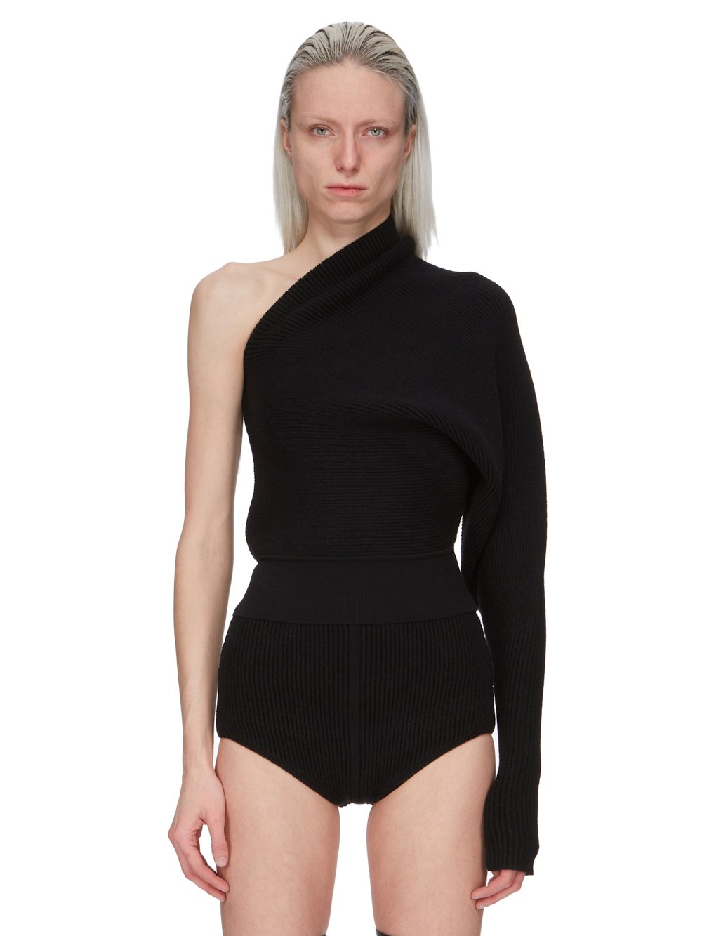 RICK OWENS FW23 LUXOR RUNWAY ONE SLEEVE TOP IN BLACK HEAVY RIB RECYCLED CASHMERE