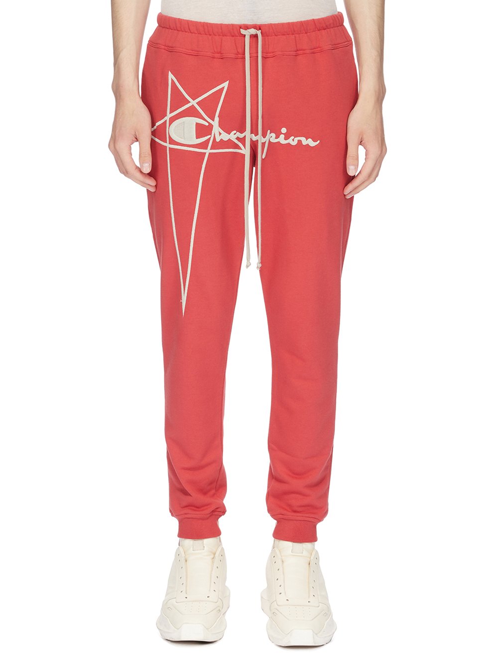 CHAMPION X RICK OWENS JOGGERS IN CARNELIAN RED COMPACT COTTON FELPA