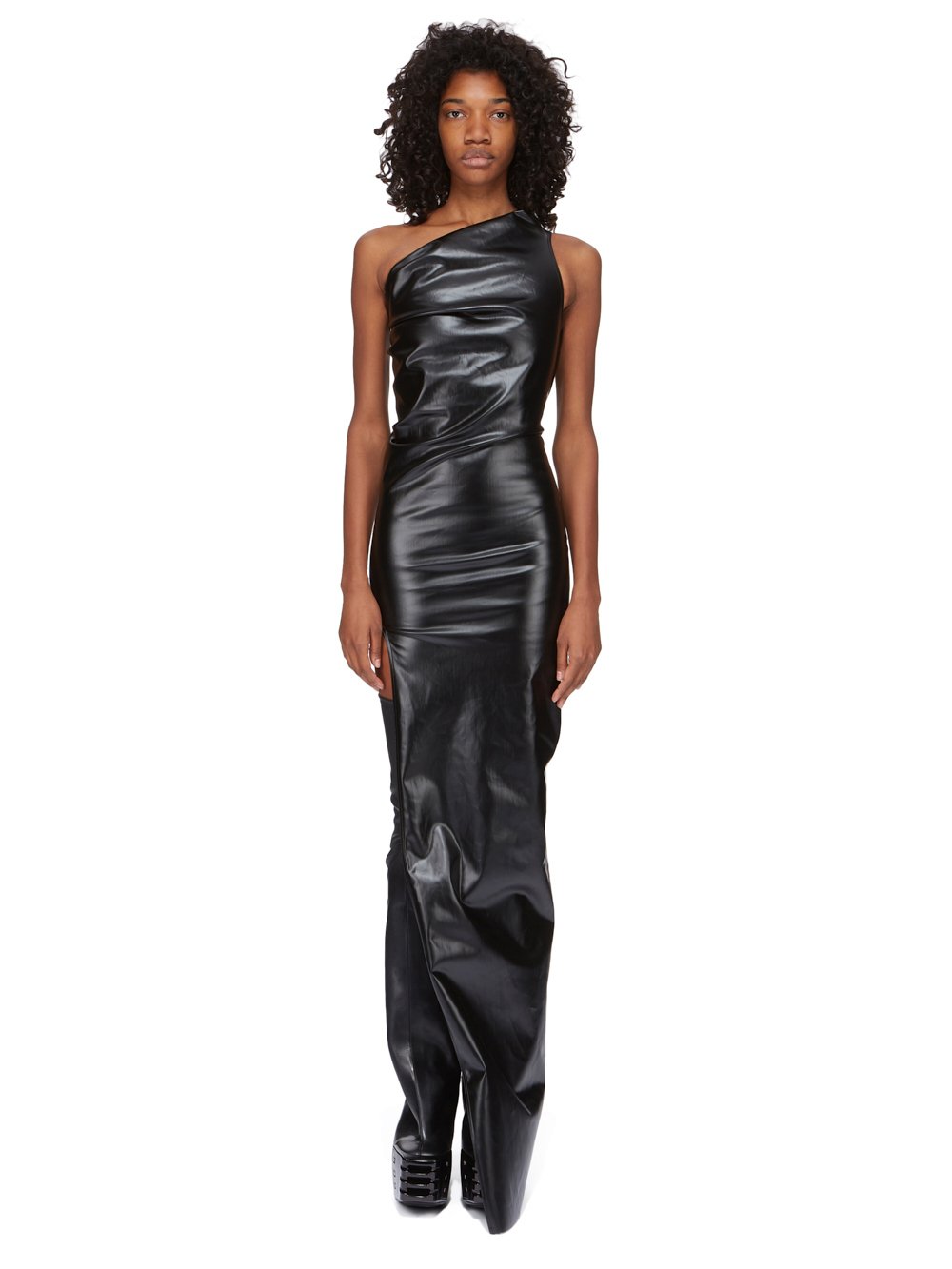 RICK OWENS FW23 LUXOR ATHENA GOWN IN BLACK RUBBER COVERED STRETCH DENIM