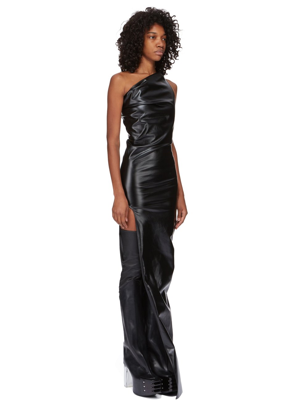 RICK OWENS FW23 LUXOR ATHENA GOWN IN BLACK RUBBER COVERED STRETCH DENIM