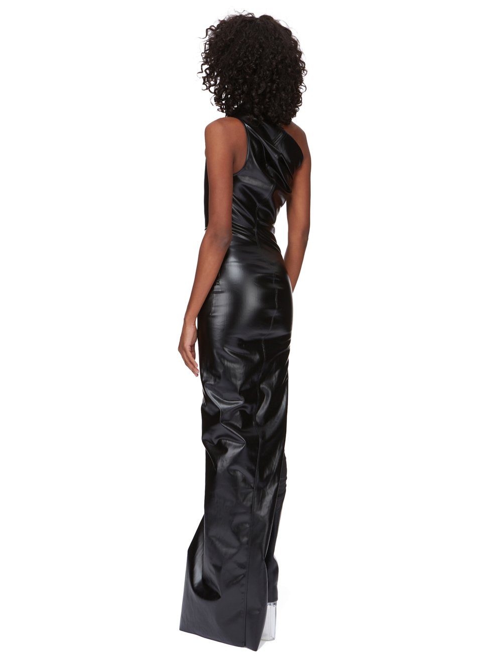 RICK OWENS FW23 LUXOR ATHENA GOWN IN BLACK RUBBER COVERED STRETCH DENIM