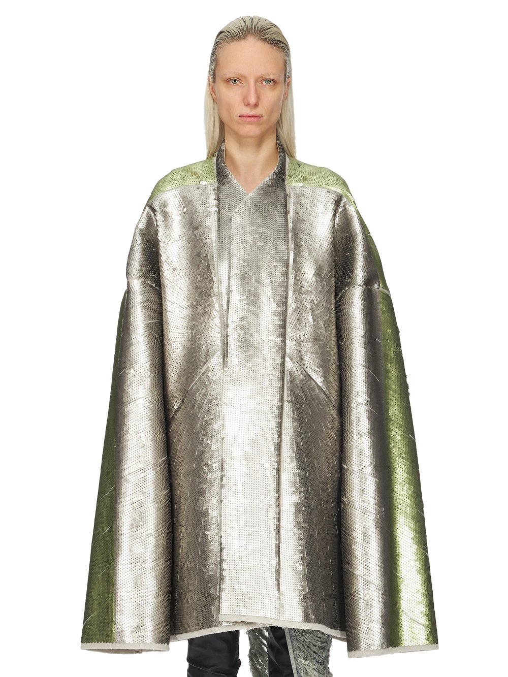 RICK OWENS FW23 LUXOR RUNWAY SEQUINNED BEACH JKT IN PEARL AND ACID RADIANCE SEQUIN EMBROIDERED BOILED WOOL