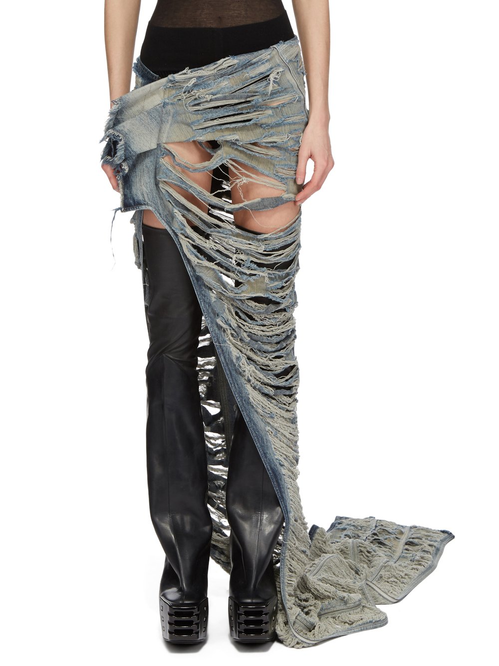 RICK OWENS FW23 LUXOR RUNWAY EDFU SKIRT RUNWAY LENGTH IN HUSTLER BLUE 13OZ MINERAL PEARL SHREDDED DENIM 