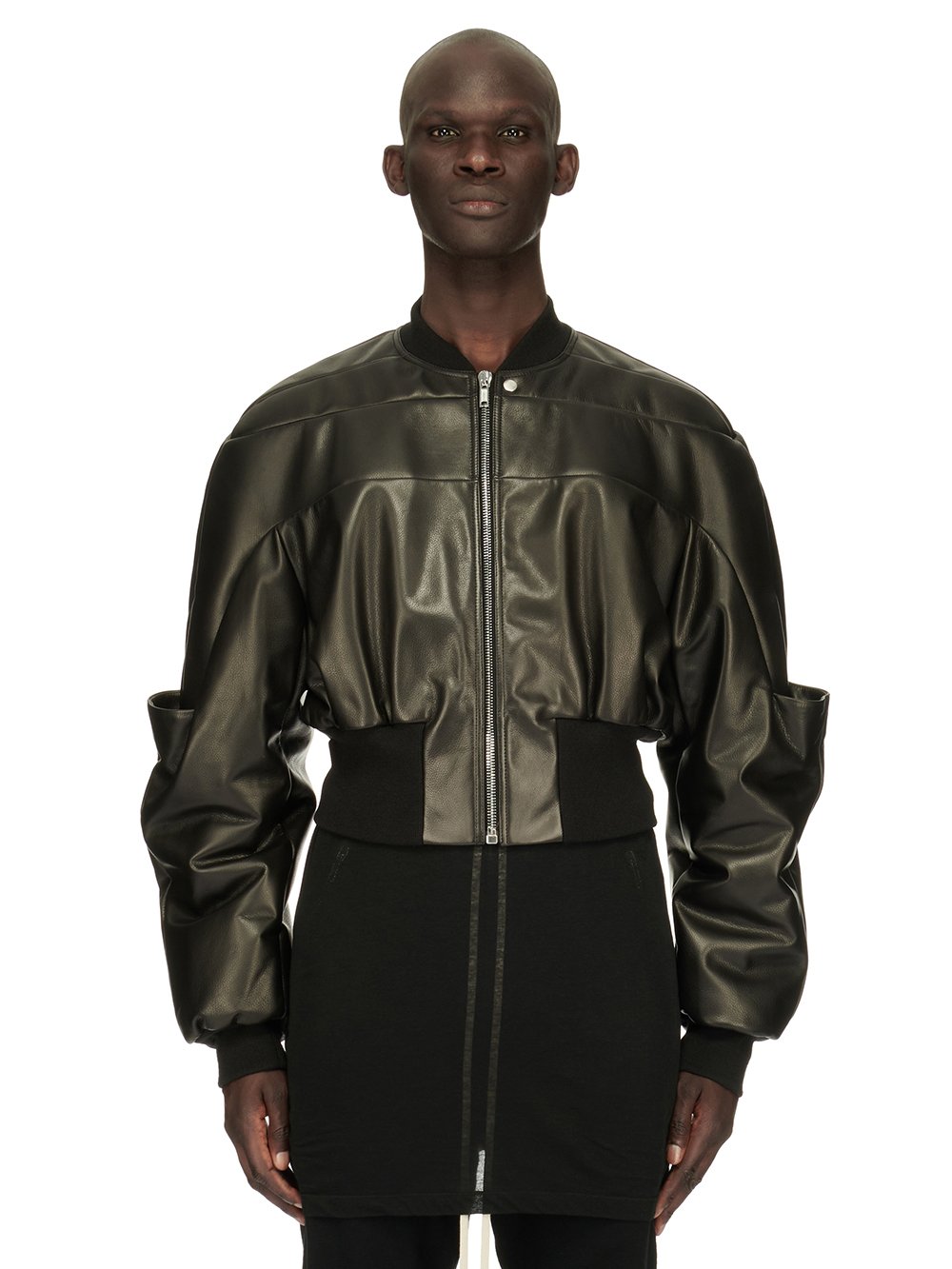 RICK OWENS FW23 LUXOR GIRDERED BOMBER CROPPED IN BLACK SOFT GRAIN COW LEATHER