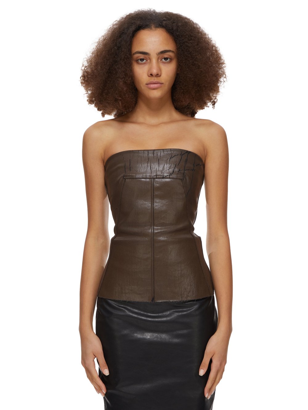 RICK OWENS FW23 LUXOR BUSTIER TOP IN BROWN CRACKED STRETCH DENIM