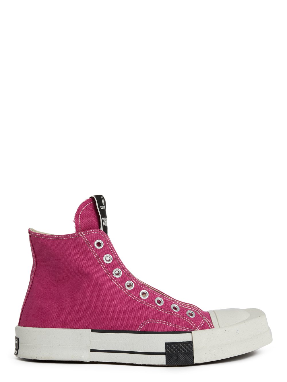 CONVERSE X DRKSHDW TURBODRK LACELESS HI IN HOT PINK AND WHITE.