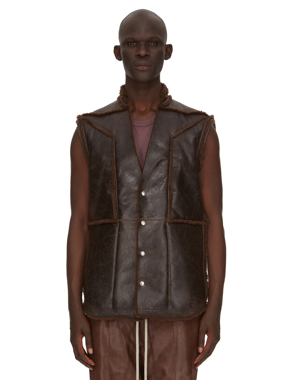 RICK OWENS FW23 LUXOR SL FOGPOCKET OUTERSHIRT IN BROWN BUTTER LAMB SHEARLING