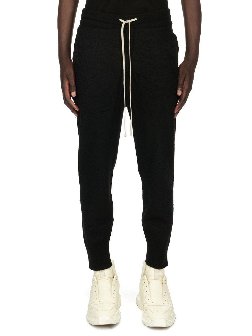 RICK OWENS FW23 LUXOR TRACK PANTS IN BLACK BOILED CASHMERE KNIT