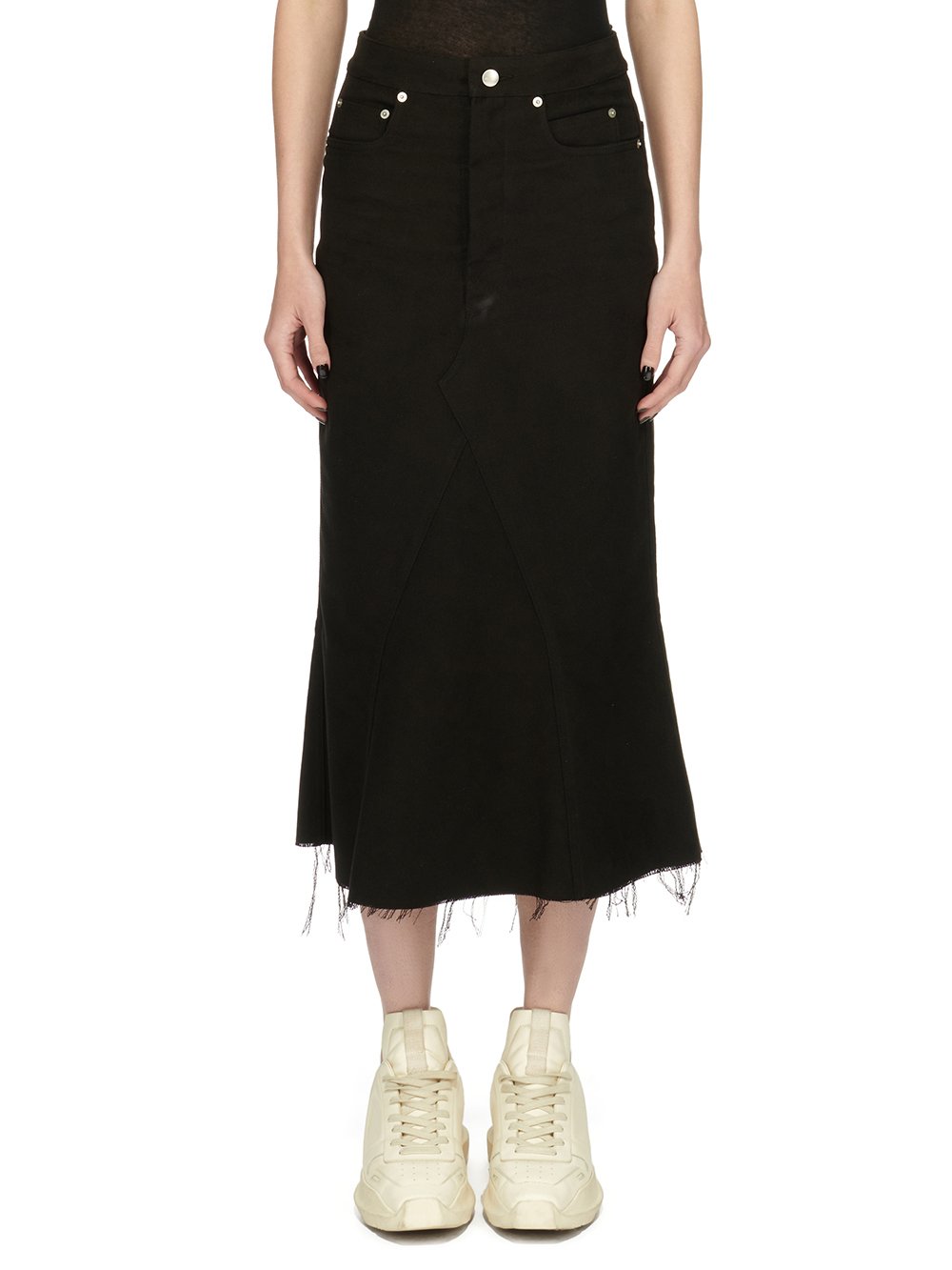 RICK OWENS FW23 LUXOR GODET SKIRT IN BLACK BRUSHED HEAVY TWILL RICK OWENS FW23 LUXOR GODET SKIRT IN BLACK BRUSHED HEAVY TWILL