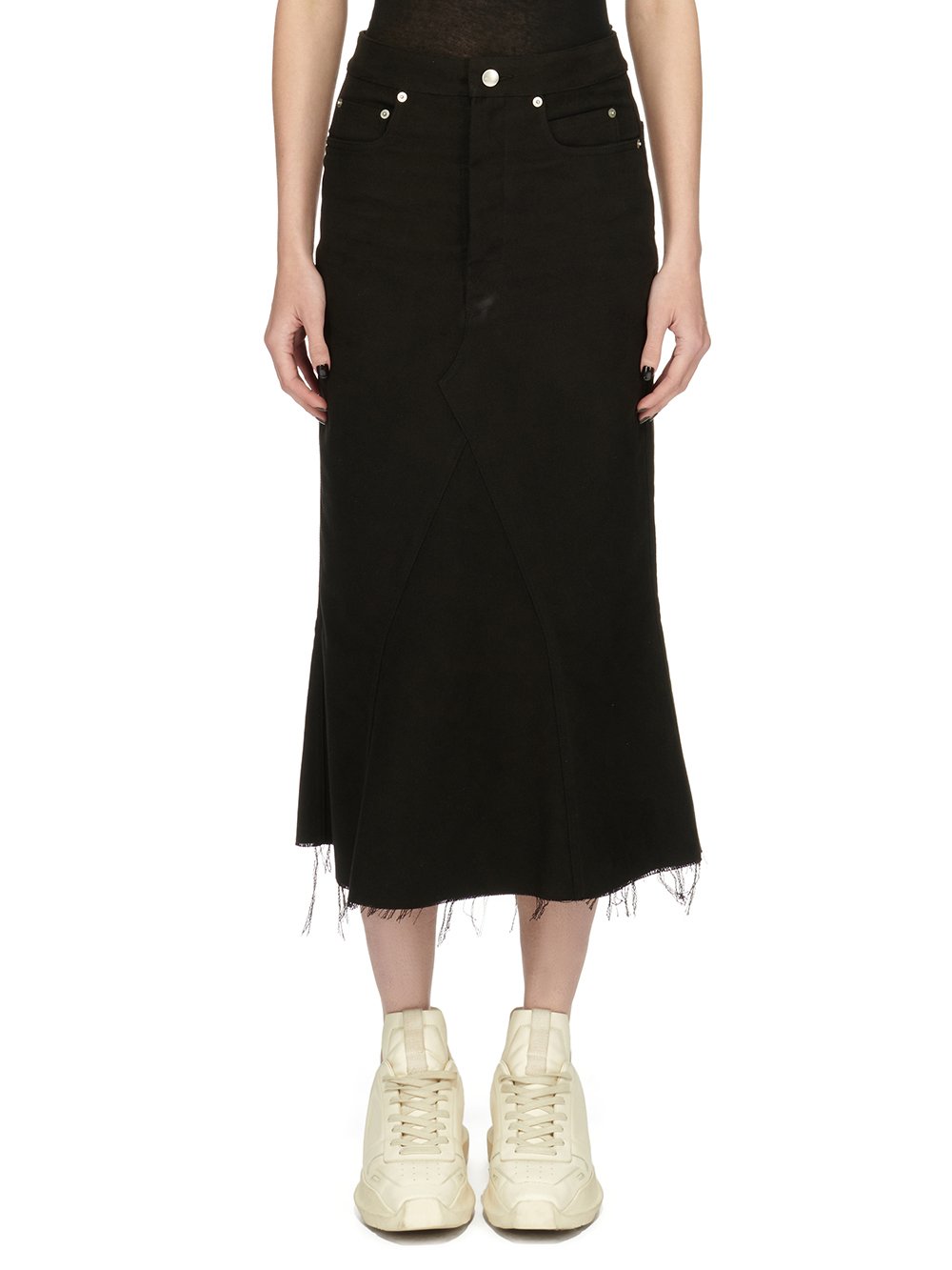 RICK OWENS FW23 LUXOR GODET SKIRT IN BLACK BRUSHED HEAVY TWILL