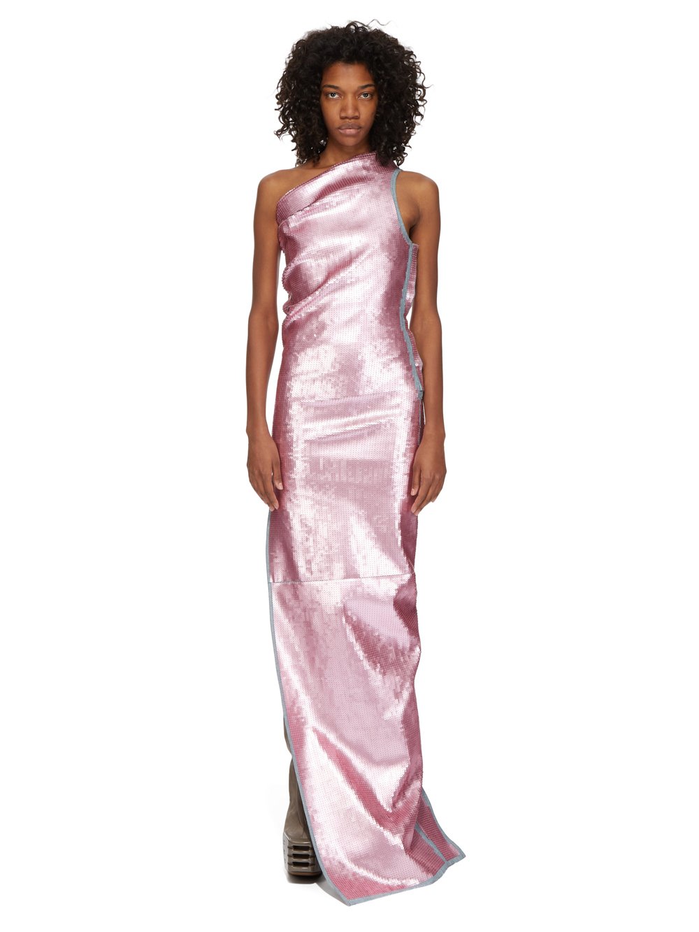 RICK OWENS FW23 LUXOR RUNWAY ATHENA GOWN IN BLUE AND PINK SEQUIN EMBROIDERED STRETCH DENIM