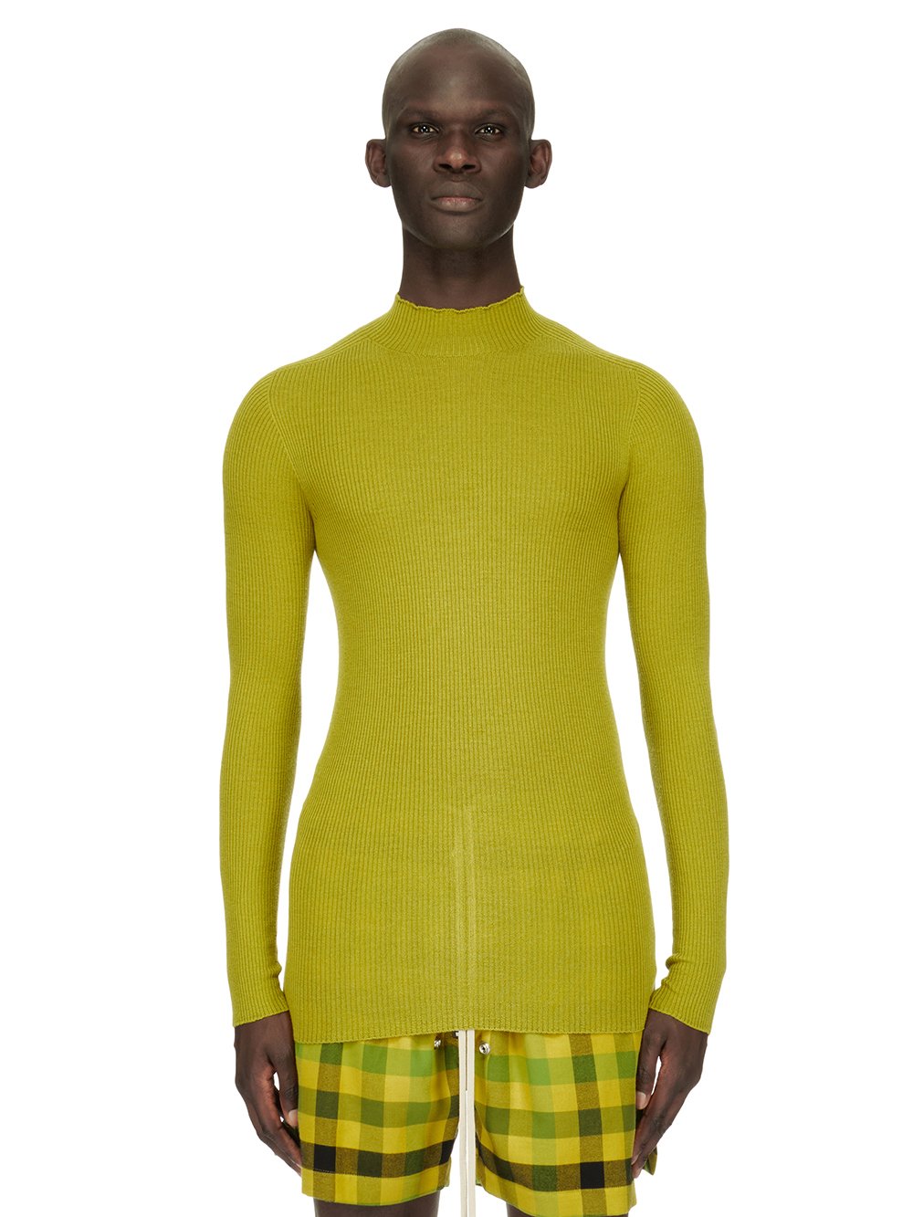 RICK OWENS FW23 LUXOR RIBBED LUPETTO IN ACID YELLOW LIGHTWEIGHT RIBBED KNIT