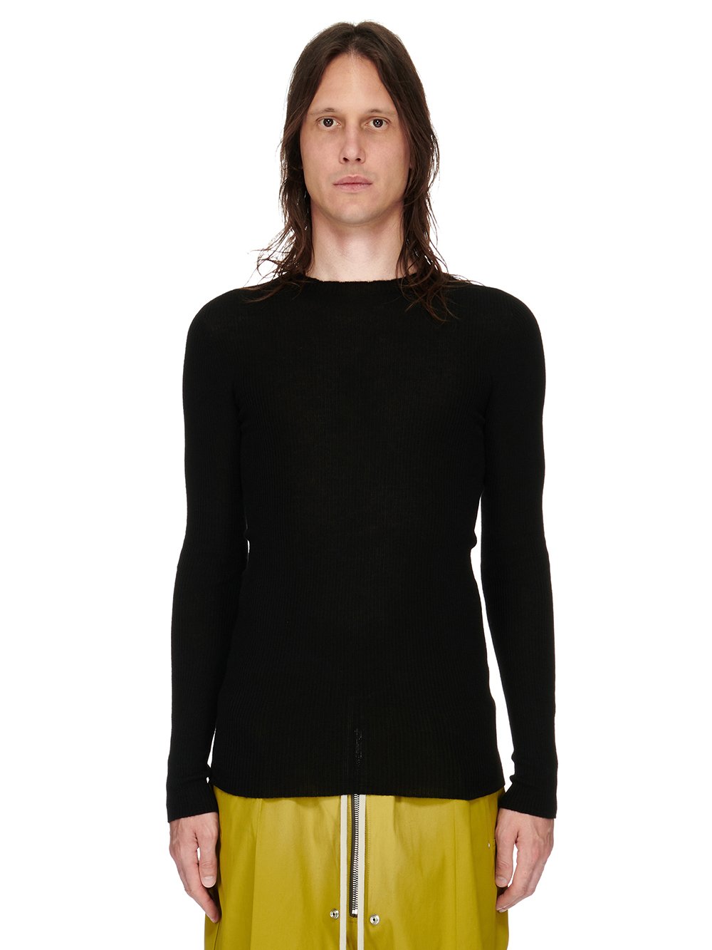 RICK OWENS FW23 LUXOR RIBBED ROUND NECK IN BLACK LIGHTWEIGHT RIBBED KNIT