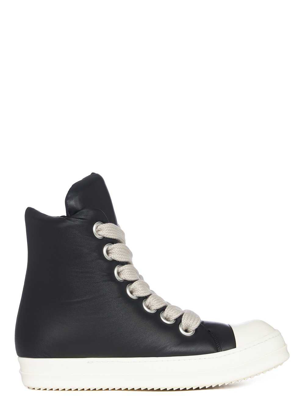 RICK OWENS FW23 LUXOR JUMBO LACE PADDED SNEAKERS IN BLACK AND MILK PEACHED LAMBSKIN