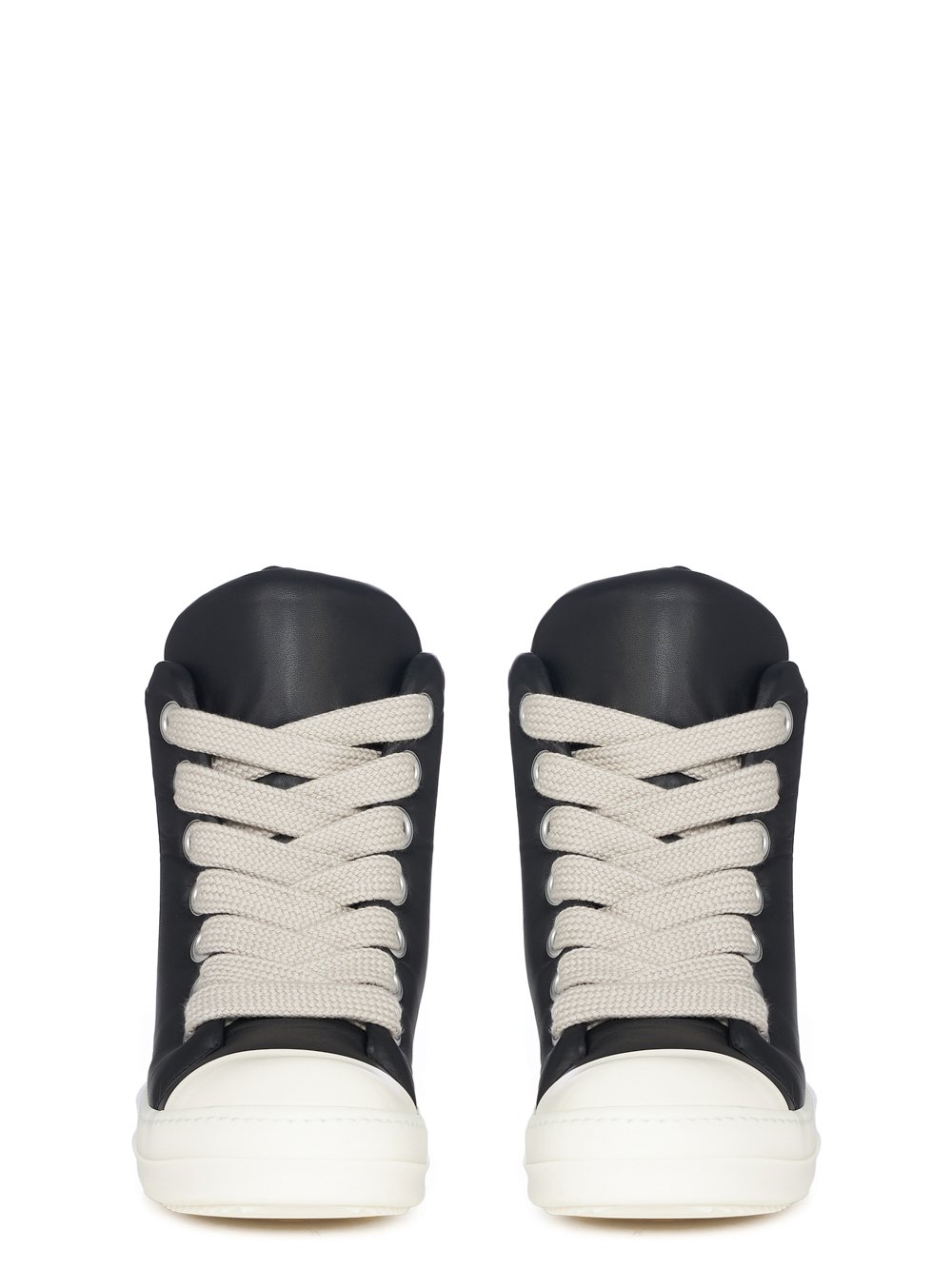 RICK OWENS FW23 LUXOR JUMBO LACE PADDED SNEAKERS IN BLACK AND MILK PEACHED LAMBSKIN