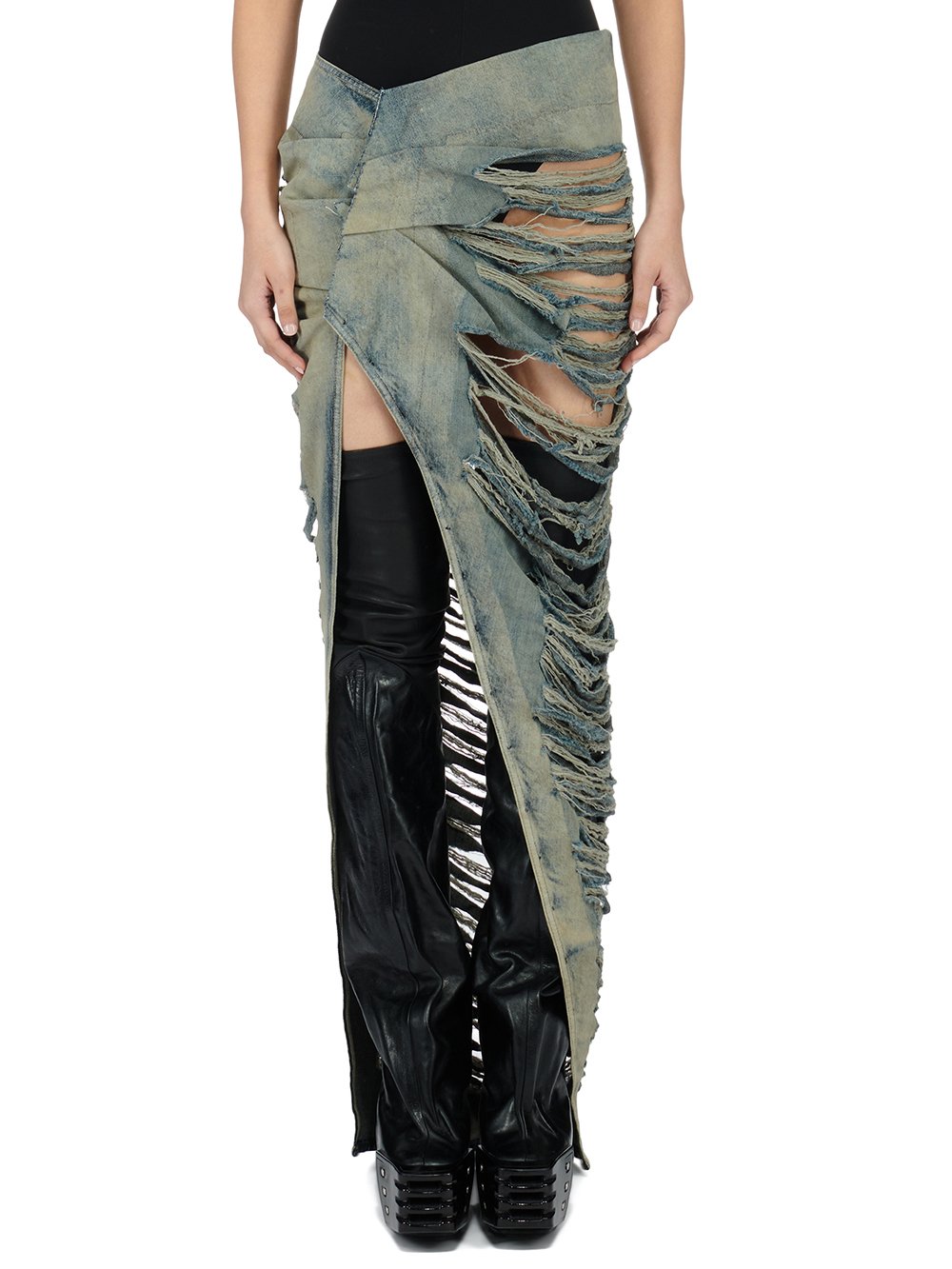 RICK OWENS FW23 LUXOR EDFU SKIRT SHREDDED IN 13OZ MINERAL PEARL SHREDDED DENIM 