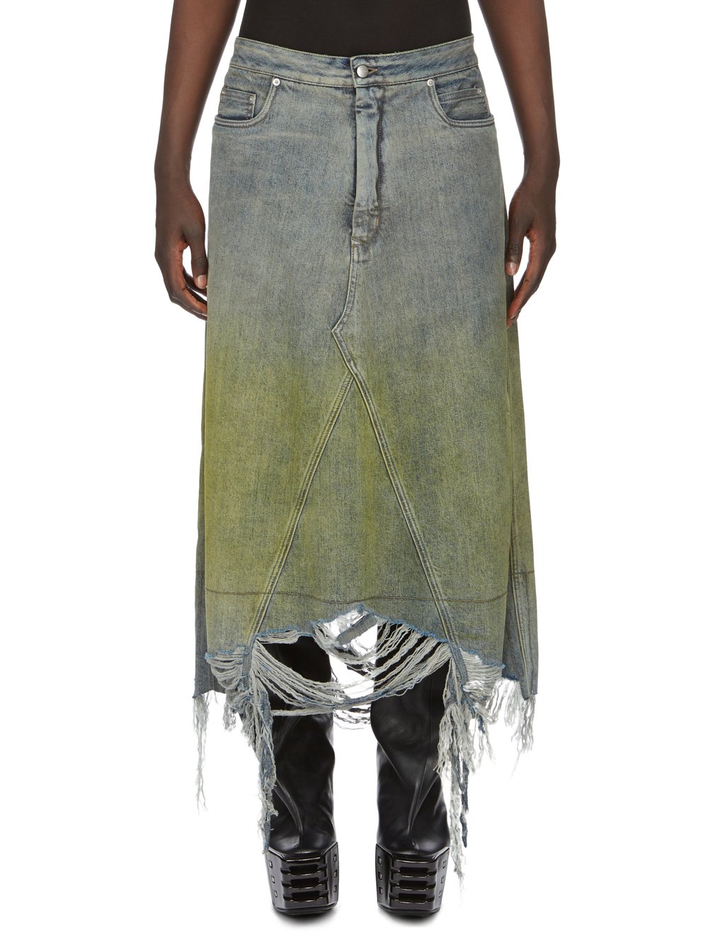 RICK OWENS FW23 LUXOR RUNWAY GODET SKIRT IN 13OZ ACID DEGRADE DENIM 