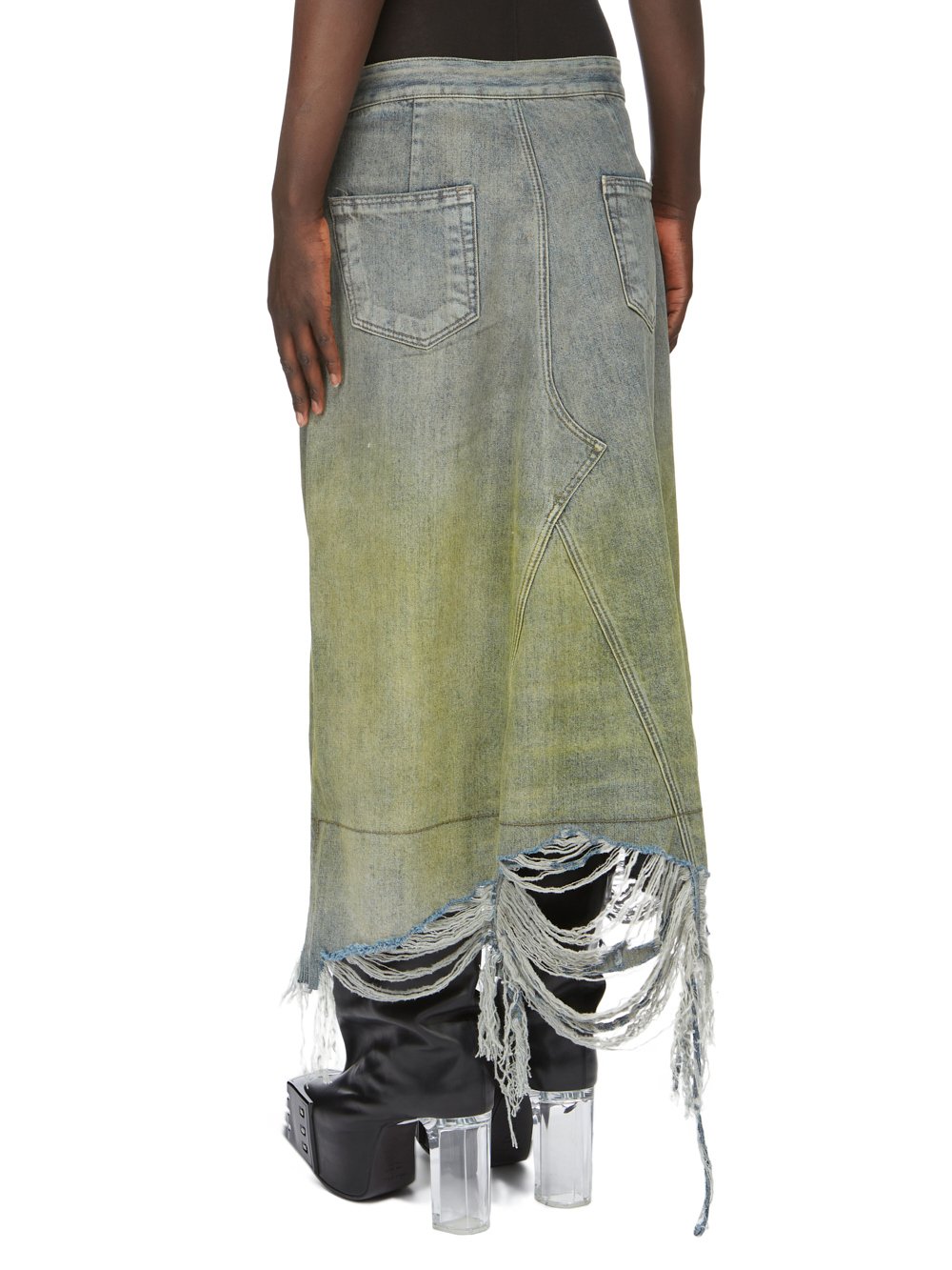 RICK OWENS FW23 LUXOR RUNWAY GODET SKIRT IN 13OZ ACID DEGRADE DENIM 