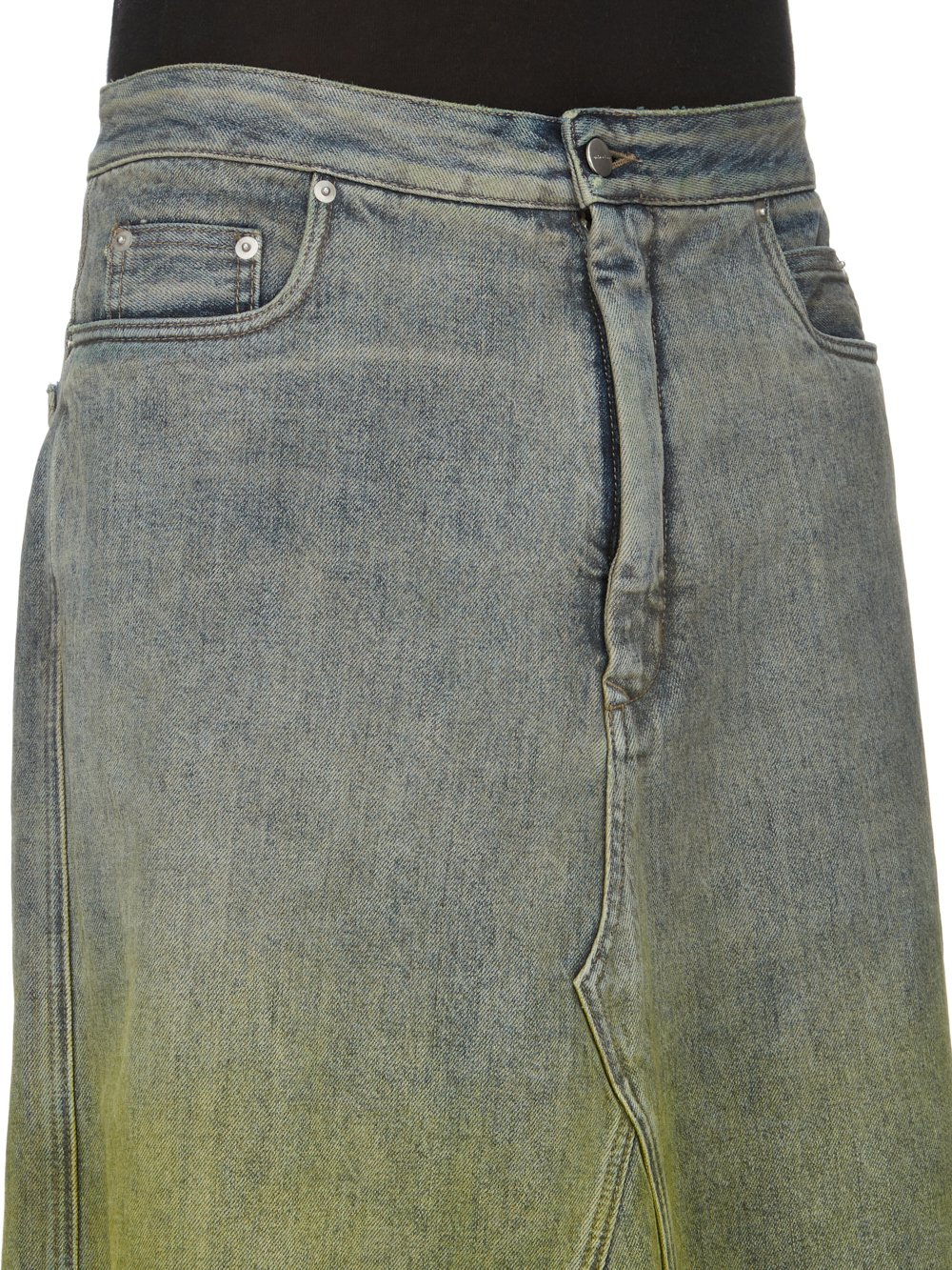 RICK OWENS FW23 LUXOR RUNWAY GODET SKIRT IN 13OZ ACID DEGRADE DENIM 