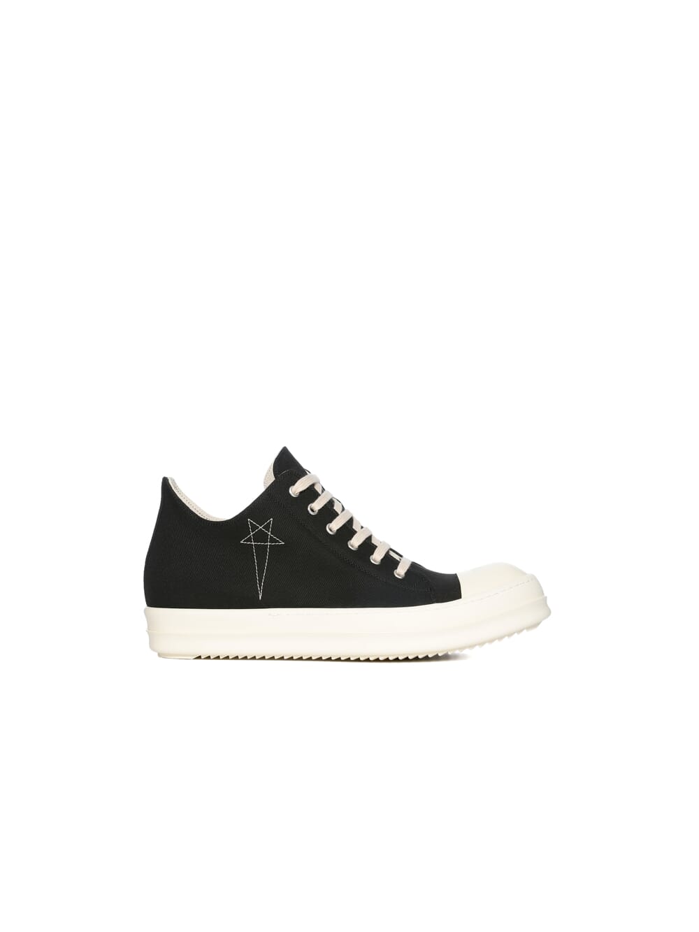 DRKSHDW FW23 LUXOR LOW SNEAKS IN BLACK AND PEARL 13OZ OVERDYED DENIM