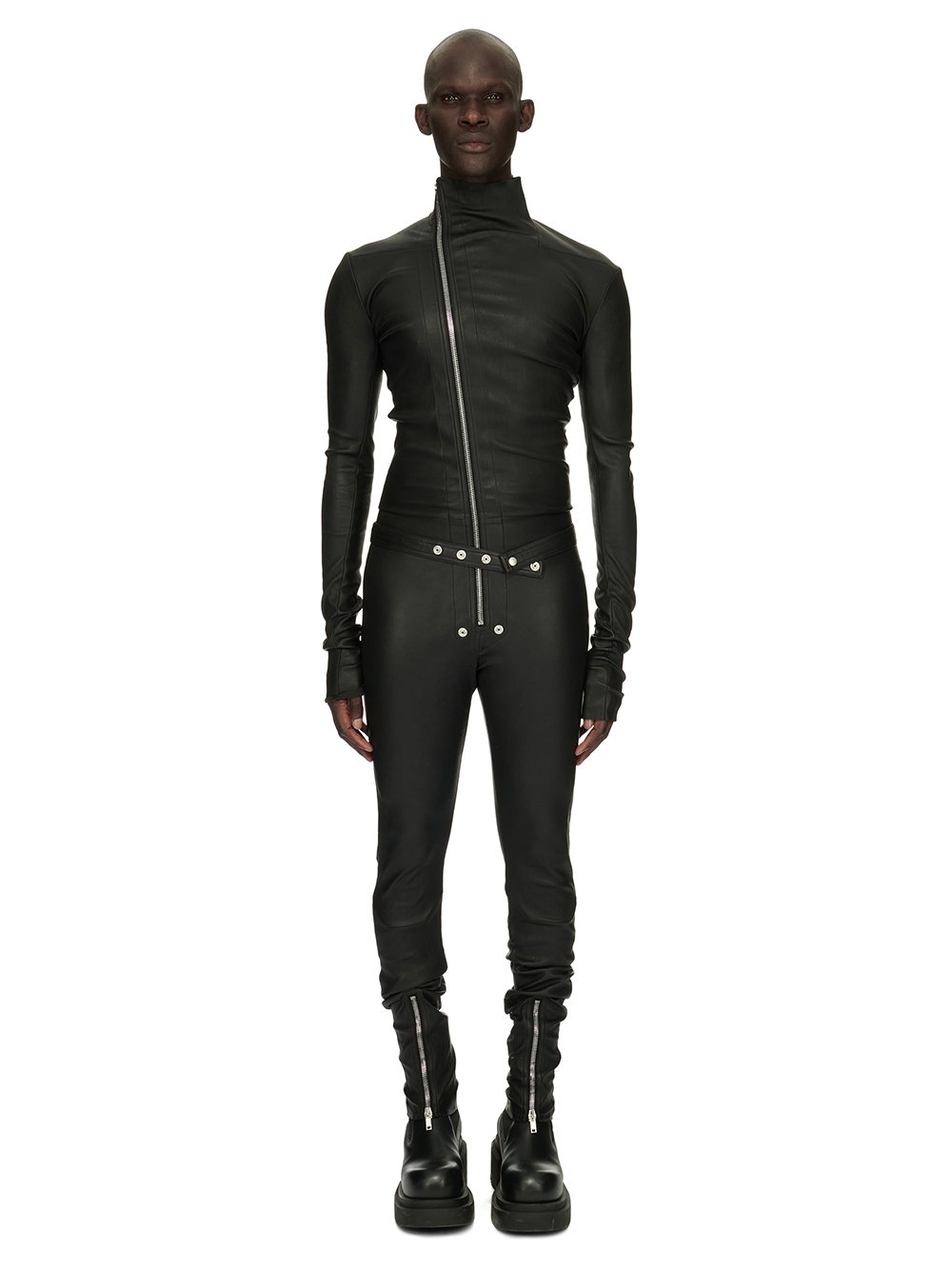 RICK OWENS FW23 LUXOR TIGHT GARY FLGHTSUIT IN BLACK STRETCH LAMB LEATHER