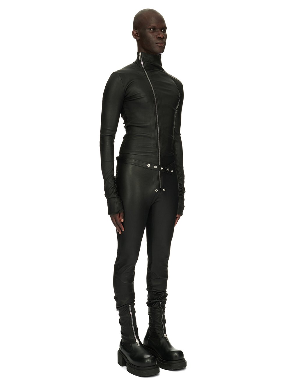RICK OWENS FW23 LUXOR TIGHT GARY FLGHTSUIT IN BLACK STRETCH LAMB LEATHER