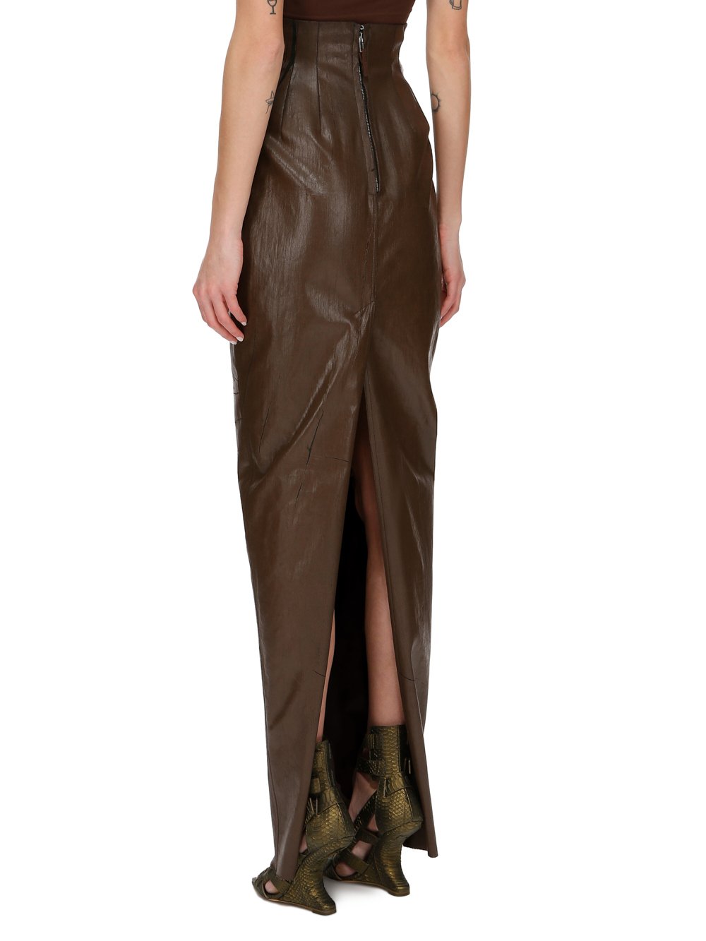 RICK OWENS FW23 LUXOR DIRT PILLAR IN BROWN CRACKED STRETCH DENIM