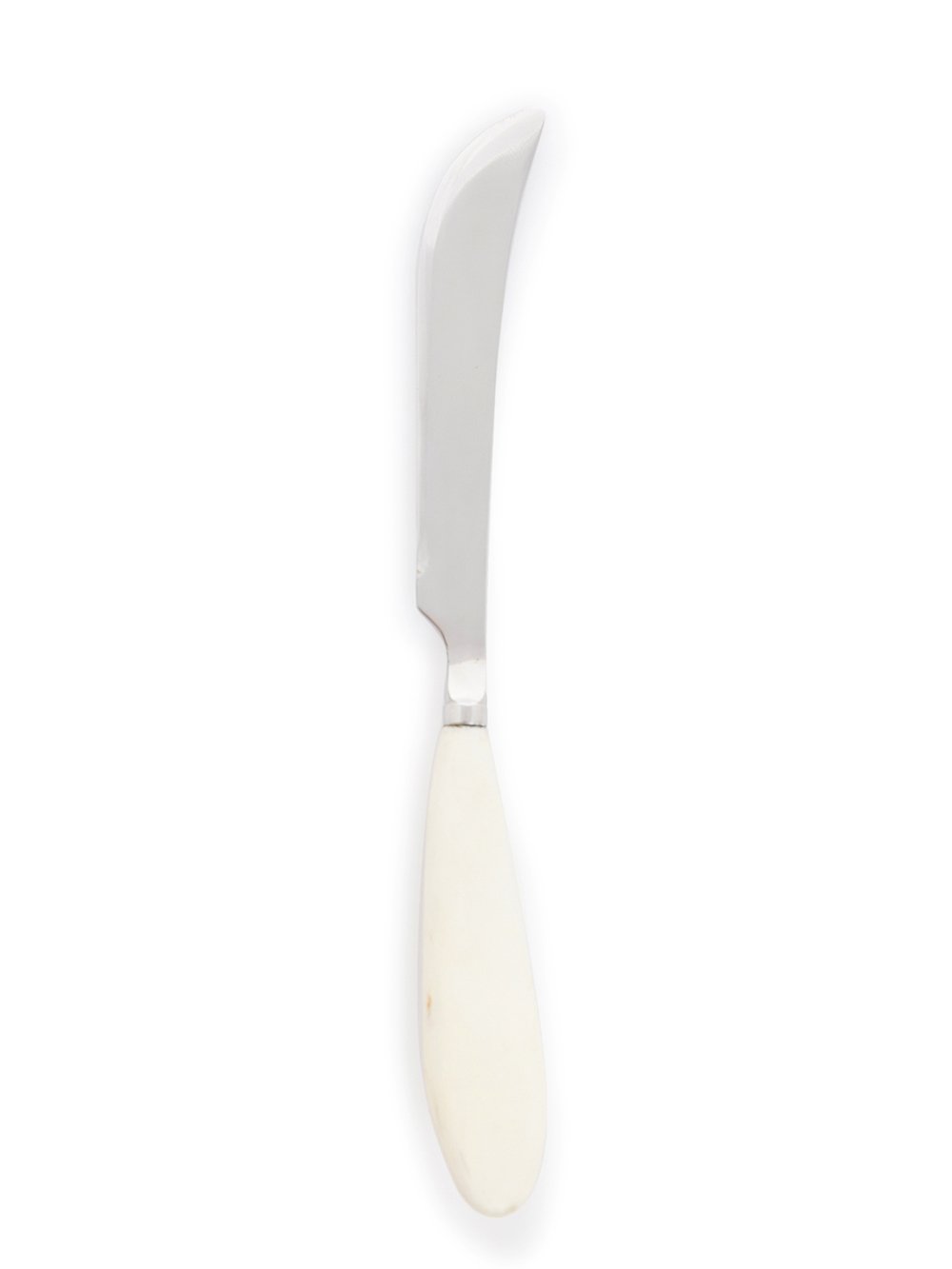 RICK OWENS KNIFE FEATURES A SLIGHTLY CURVED SHARP STERLING TOP AND A MID-LENGTH, NATURAL COLOR BONE HANDLE.