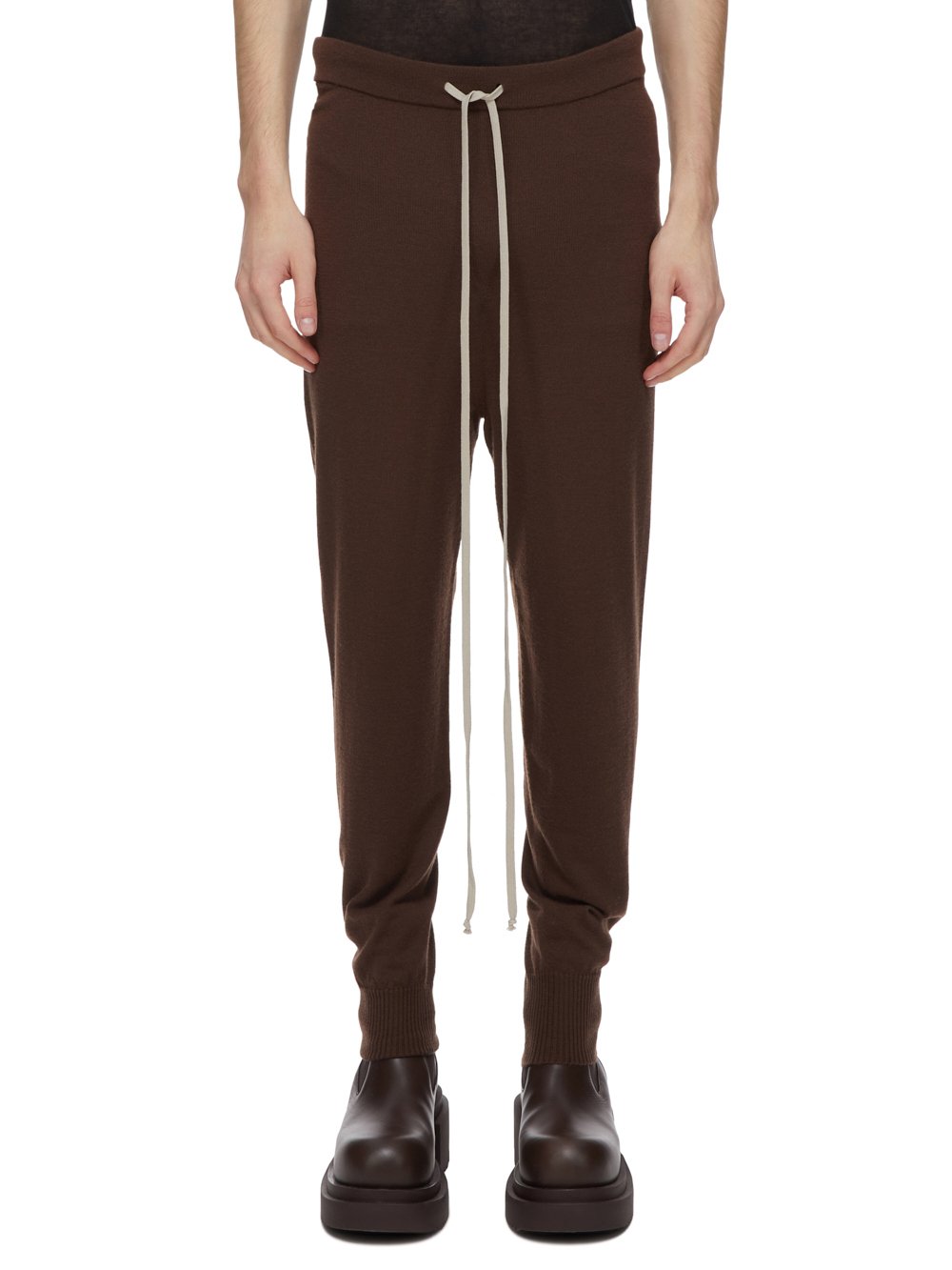 RICK OWENS FW23 LUXOR TRACK PANTS IN BROWN LIGHTWEIGHT RASATO KNIT