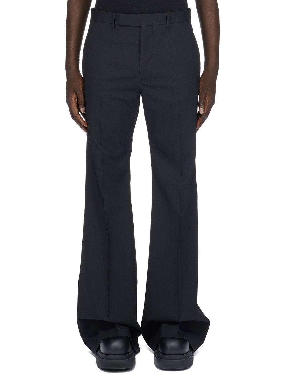 RICK OWENS FW23 LUXOR WIDE ASTAIRE IN BLACK PAPER FINISH WOOL RICK OWENS FW23 LUXOR WIDE ASTAIRE IN BLACK PAPER FINISH WOOL