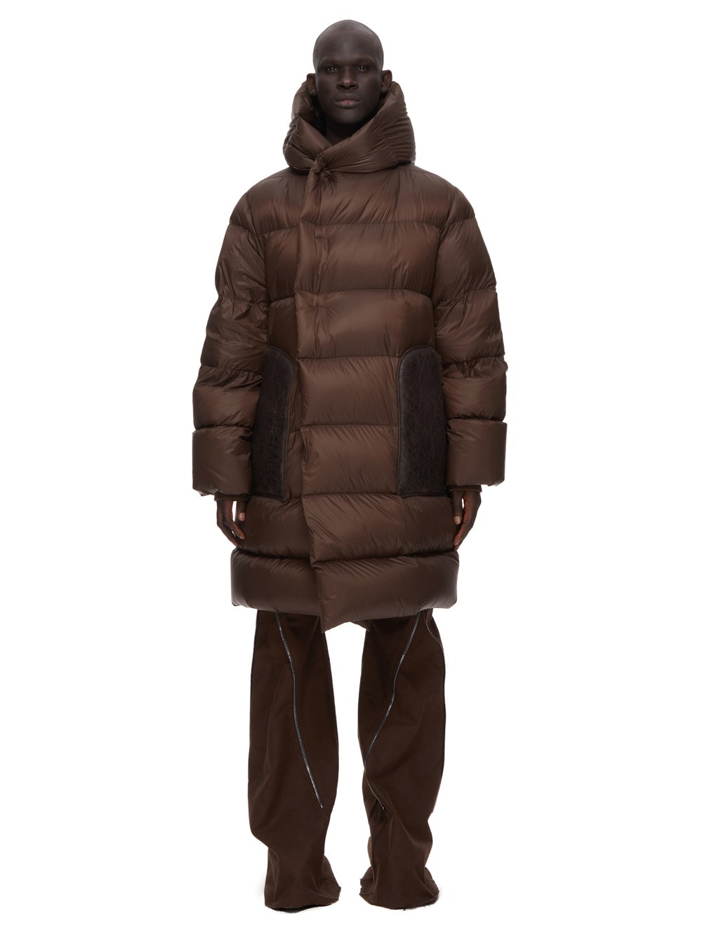 RICK OWENS FW23 LUXOR LS HOODED LINER IN BROWN RECYCLED NYLON AND BUTTER LAMB SHEARLING